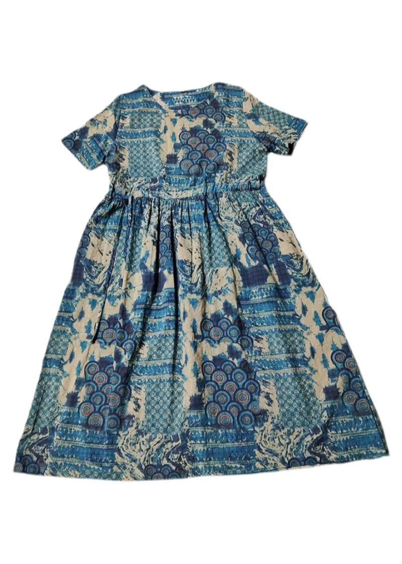Style Blue O-neck Tie Waist Print Linen Dress Short Sleeve