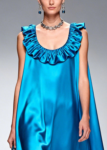 Style Blue Ruffled Silk Robe Dresses Sleeveless