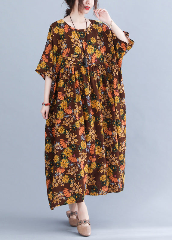 Style Chocolate O-neck Cinched Print Holiday Dress Half Sleeve