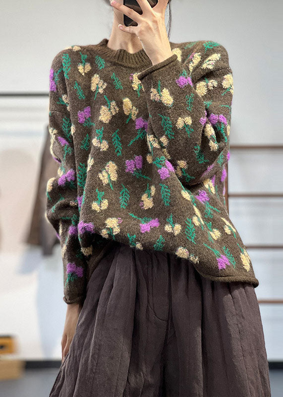 Style Chocolate O-neck Oversized Thick Jacquard Knit Sweaters Winter