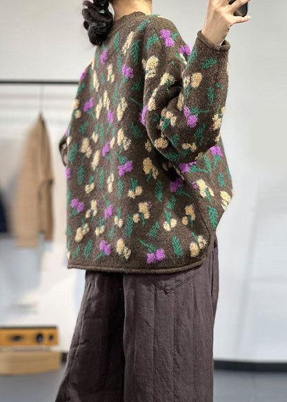 Style Chocolate O-neck Oversized Thick Jacquard Knit Sweaters Winter