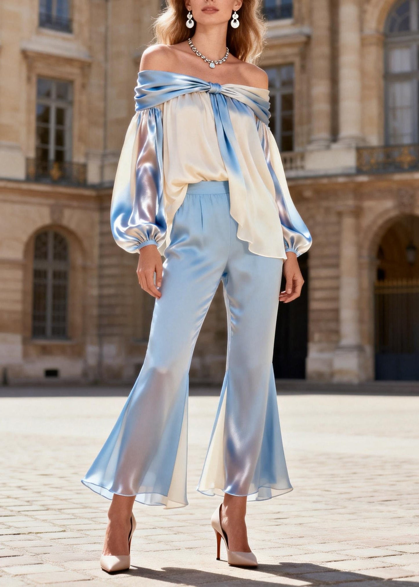 Style Cold Shoulder Wrinkled Silk Two Piece Set Spring