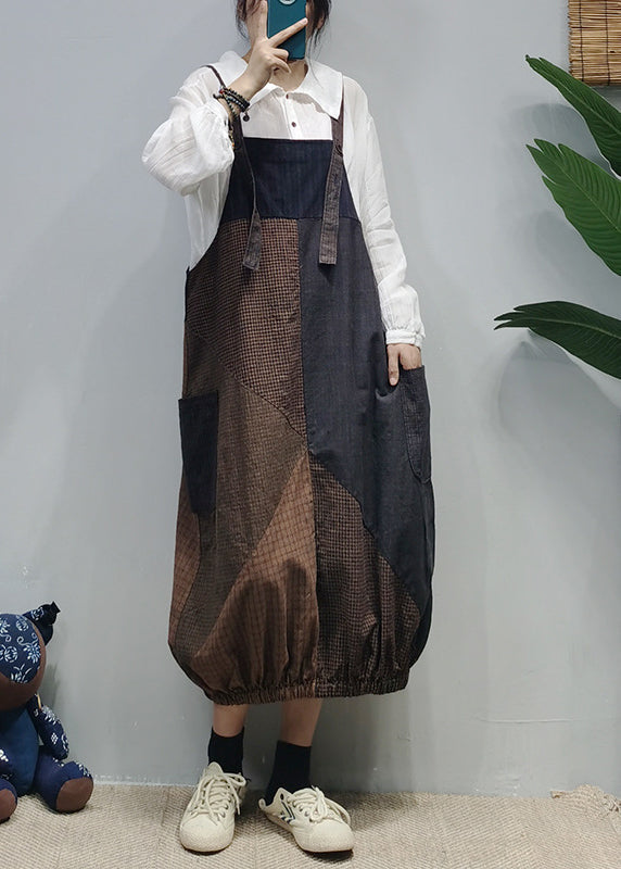 Style Colorblock Pockets Patchwork Plaid Cotton Strap Dress Summer