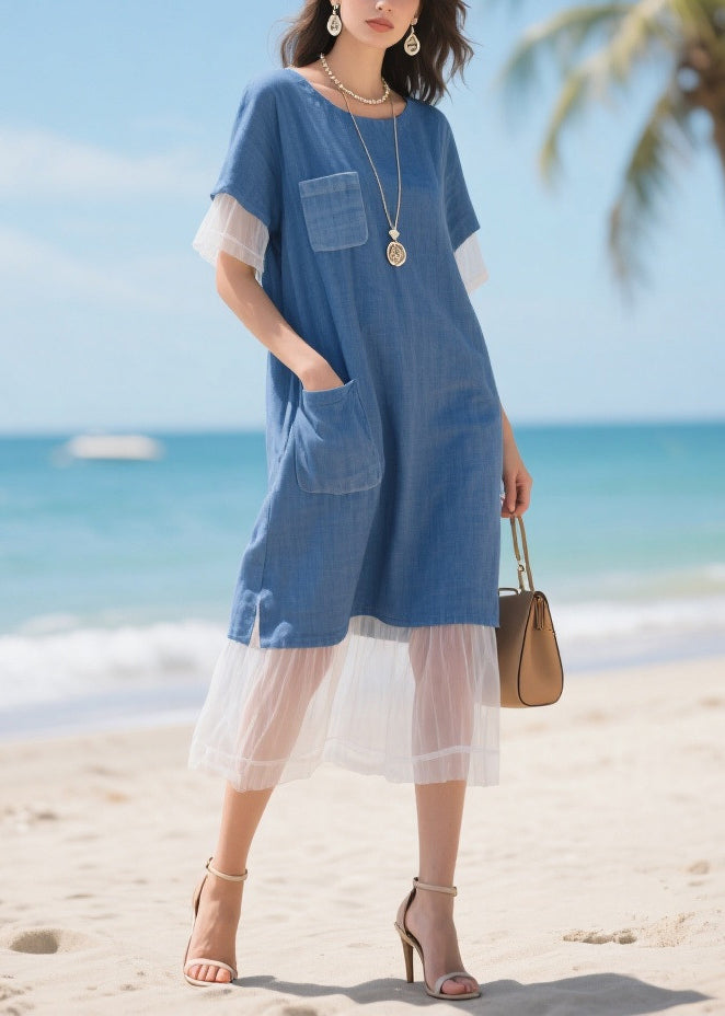 Style Denim Blue Oversized Patchwork Tulle Straight Dress Summer