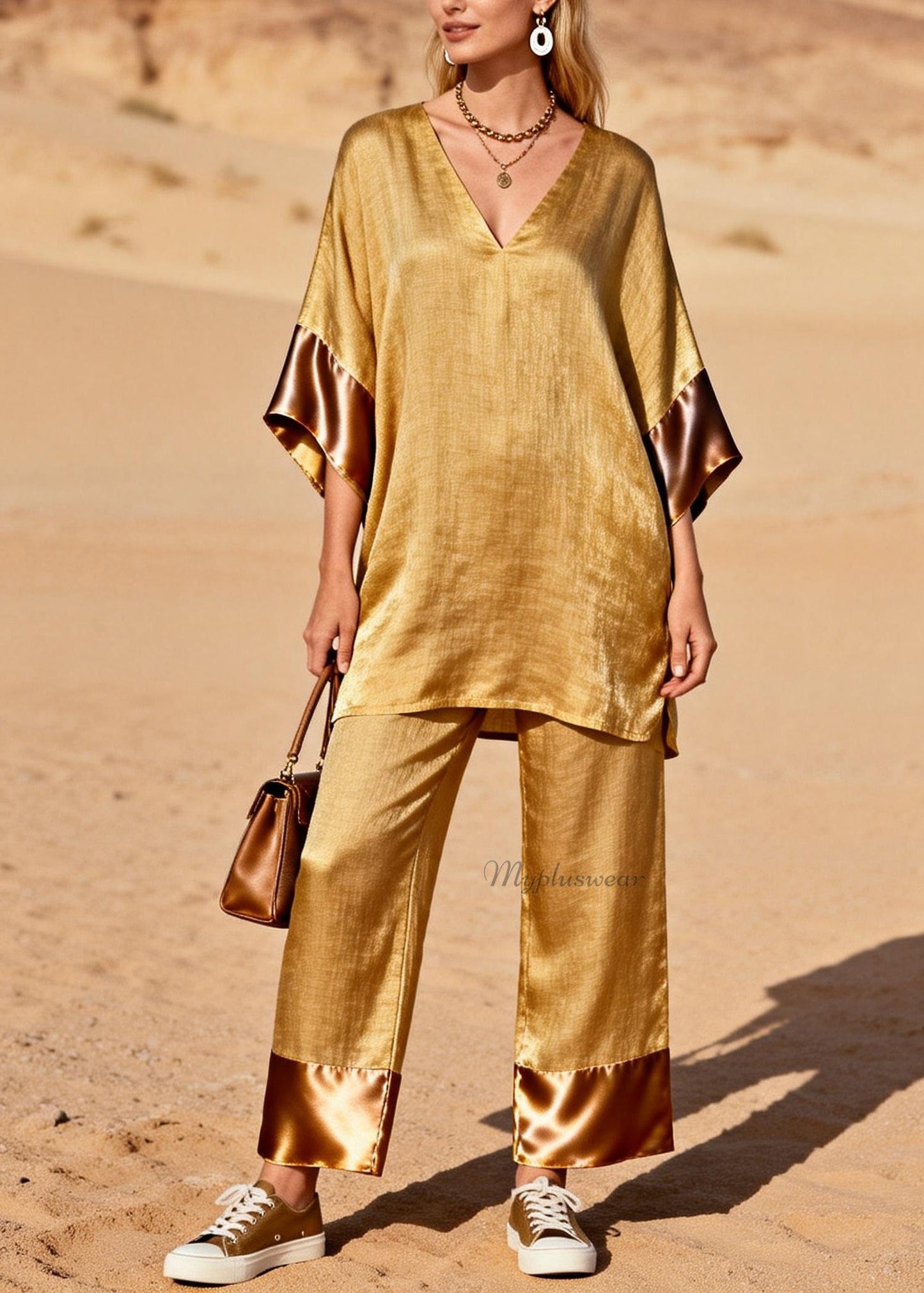 Style Gold V Neck Silk Patchwork Linen 2 Piece Outfit Summer
