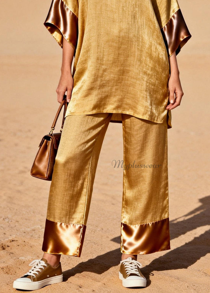 Style Gold V Neck Silk Patchwork Linen 2 Piece Outfit Summer
