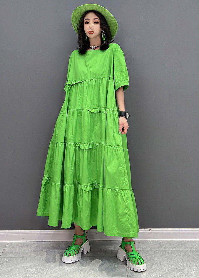 Style Green O-neck Patchwork Pockets Ankle Dress Short Sleeve