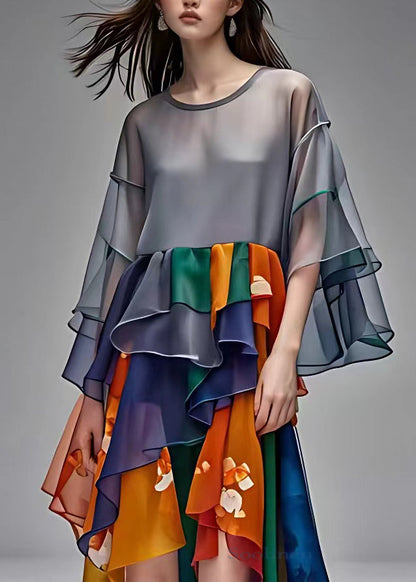 Style Grey O-neck Patchwork Chiffon Maxi Dress Half Sleeve