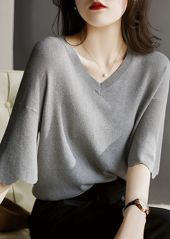 Style Grey V Neck Color Knit Tops Flare Sleeve