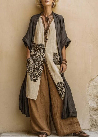 Style Khaki Embroidered Oversized Linen Sets 2 Pieces Summer