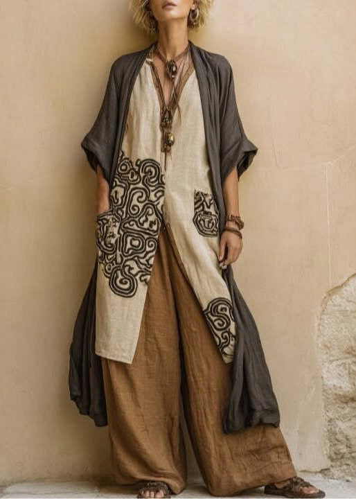 Style Khaki Embroidered Oversized Linen Sets 2 Pieces Summer