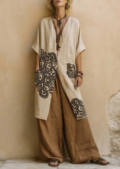 Style Khaki Embroidered Oversized Linen Sets 2 Pieces Summer