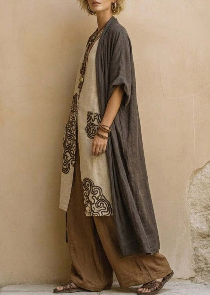 Style Khaki Embroidered Oversized Linen Sets 2 Pieces Summer