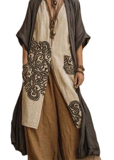 Style Khaki Embroidered Oversized Linen Sets 2 Pieces Summer