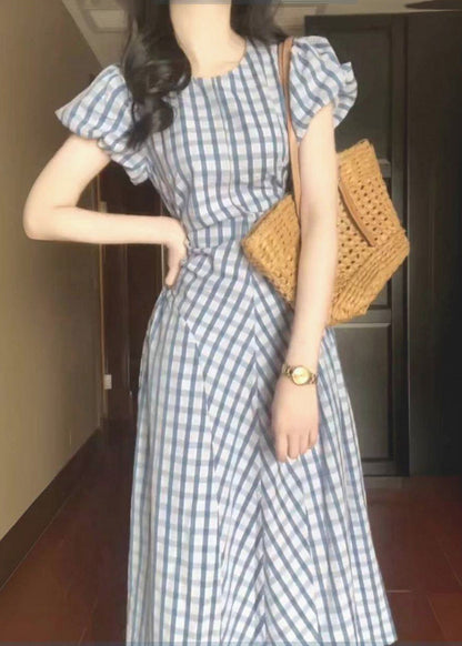 Style Light Blue O-neck Plaid Tie Waist Long Dress Short Sleeve