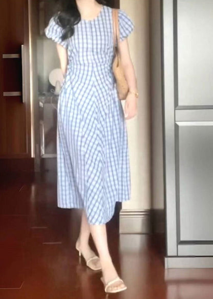 Style Light Blue O-neck Plaid Tie Waist Long Dress Short Sleeve