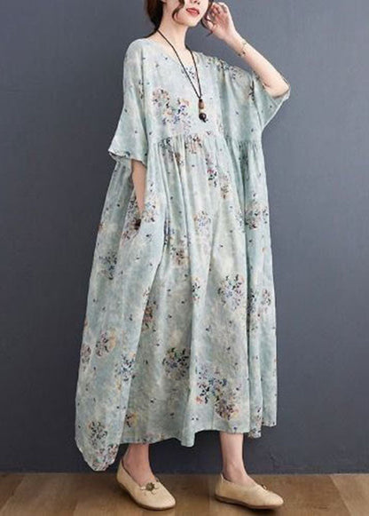 Style Light Blue Oversized Print Exra Large Hem Cotton a Line Dress Summer