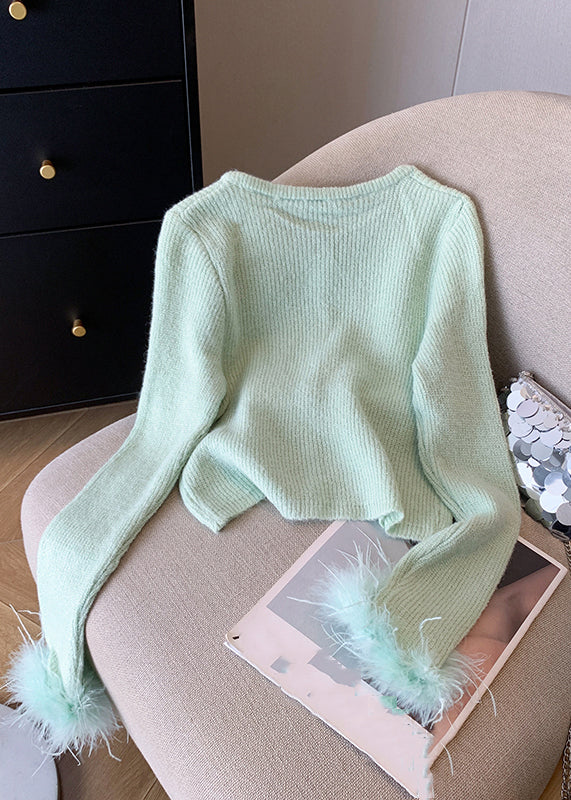 Style Light Green O-neck Button Cotton Knit Cardigan Spring
