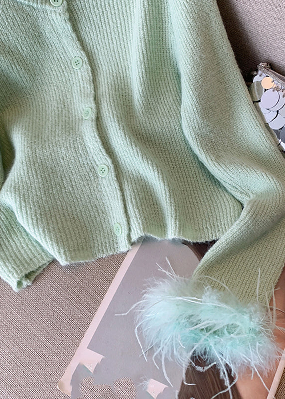 Style Light Green O-neck Button Cotton Knit Cardigan Spring