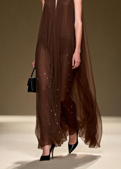 Style O Neck Wrinkled Zircon Chiffon Long Dresses Sleeveless