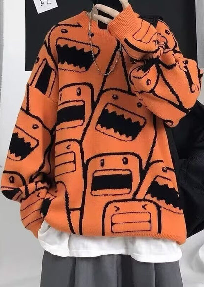 Style Orange O Neck Thick Print Knit Sweater Tops Winter