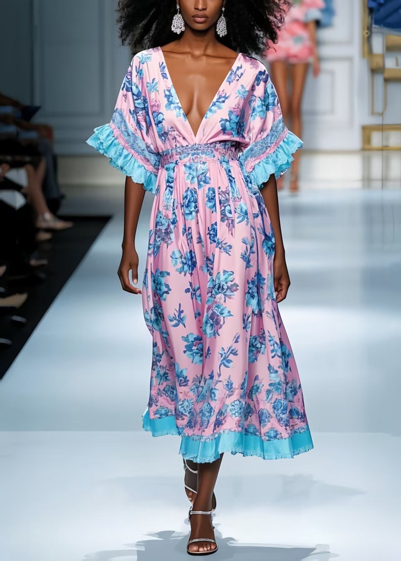 Style Pink Deep-v Neck Print Silk Dress Summer