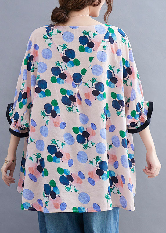 Style Pink O-neck Print Asymmetrical Design Ruffled Fall Half Sleeve Top