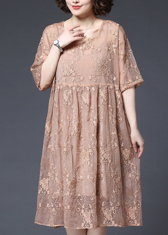 Style Pink O-neck Embroidery Wrinkled Lace Dress Two Piece Set Short Sleeve