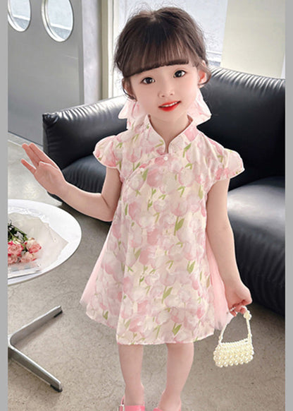 Style Pink Stand Collar Print Tulle Patchwork Button Mid Dress Short Sleeve