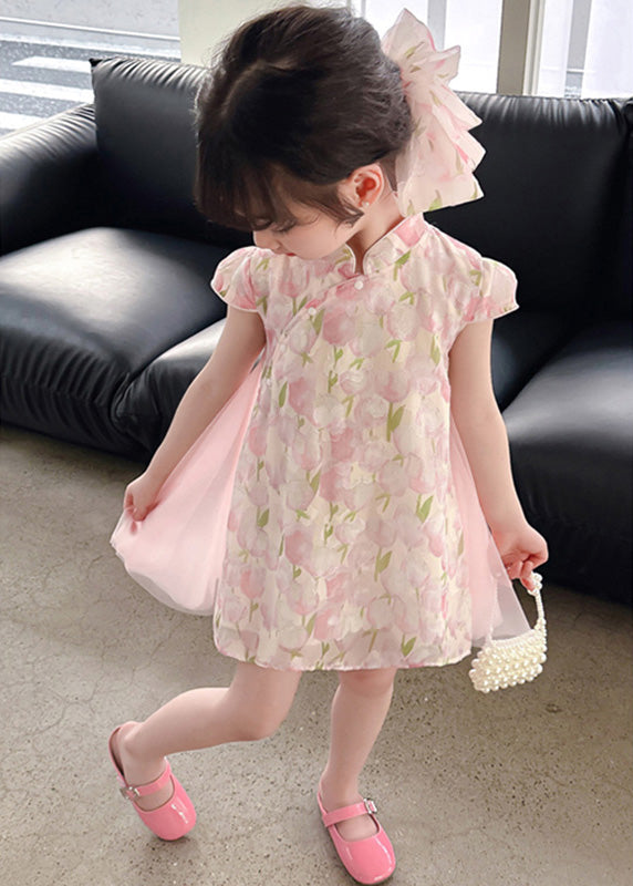 Style Pink Stand Collar Print Tulle Patchwork Button Mid Dress Short Sleeve