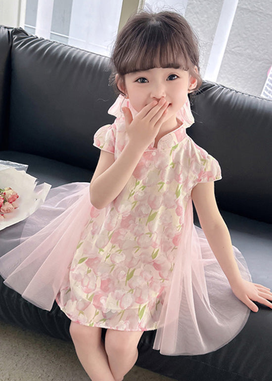 Style Pink Stand Collar Print Tulle Patchwork Button Mid Dress Short Sleeve