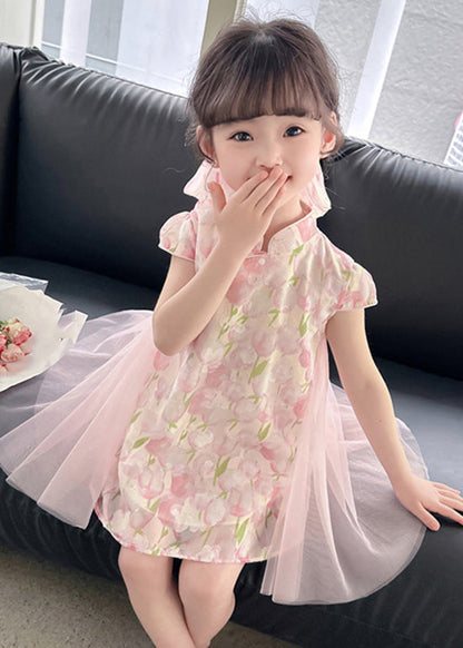 Style Pink Stand Collar Print Tulle Patchwork Button Mid Dress Short Sleeve
