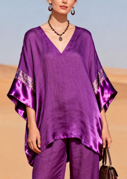 Style Purple Oversized Patchwork Silk Linen Two Pieces Set Summer
