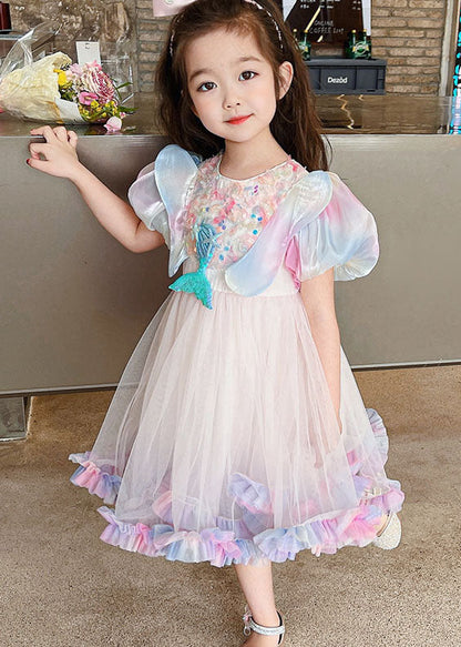 Style Rainbow Ruffled Patchwork Tulle Kids Dress Summer