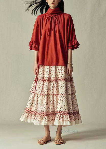 Style Red Turtle Neck Patchwork Cotton a Line Dresses Summer
