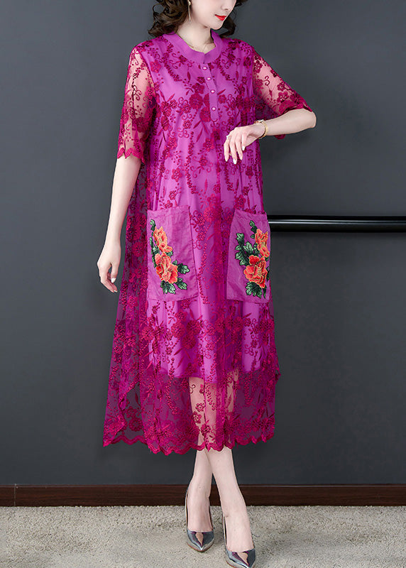 Style Rose Embroidered Tulle Long Dresses Short Sleeve