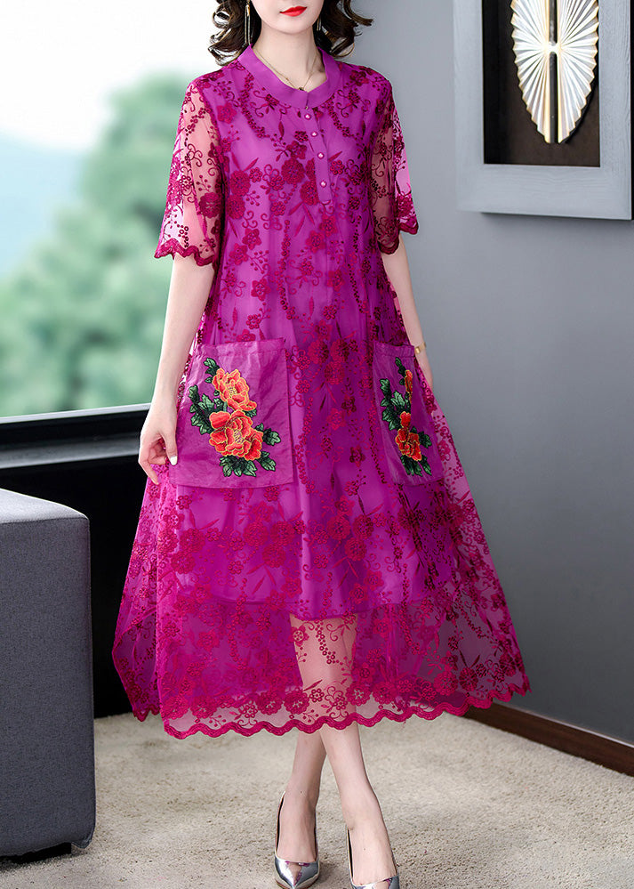 Style Rose Embroidered Tulle Long Dresses Short Sleeve