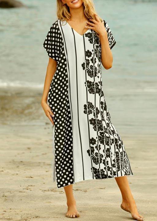 Style White Dot V Neck Cotton Loose Beach Gown Mid Dress