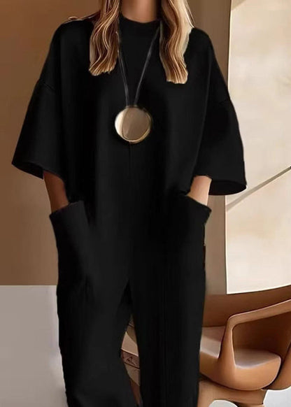 Style White O-neck Patchwork Pockets Jumpsuits Half Sleeve