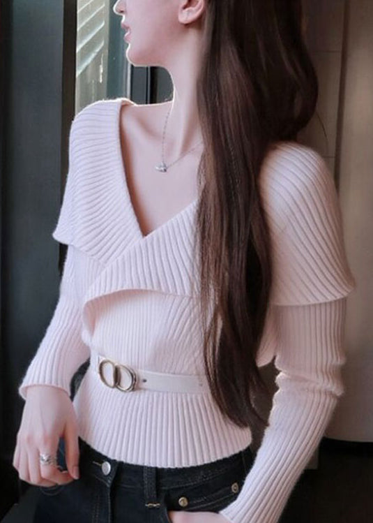 Style White V Neck Patchwork Knit Sweater Tops Spring
