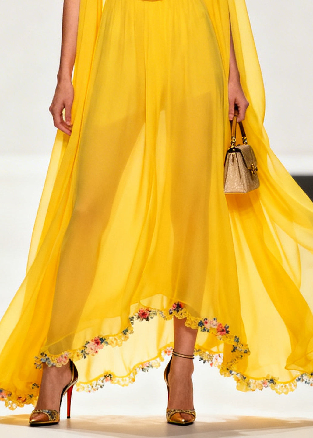 Style Yellow Turtle Neck Exra Large Hem Flower Chiffon Dresses Sleeveless