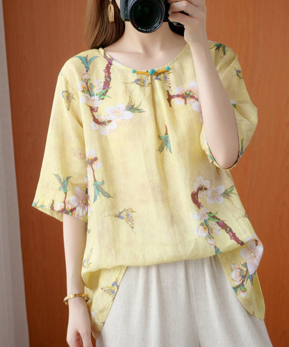 Style Yellow Print Top Silhouette O Neck Half Sleeve Dresses Blouse