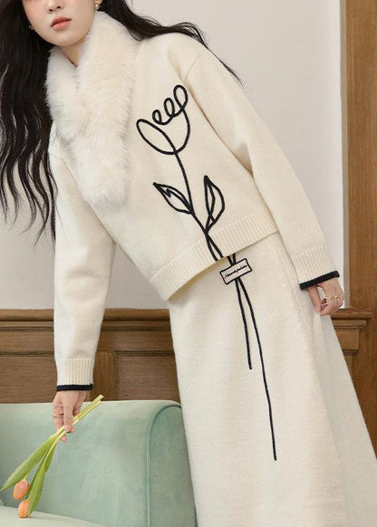 Stylish Beige O Neck Sweaters and Skirts Knit Two Pieces Set Spring