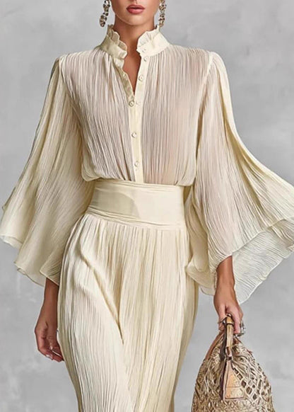 Stylish Beige Ruffled Side Open Shirts and Skirts Cotton Two Pieces Set Spring