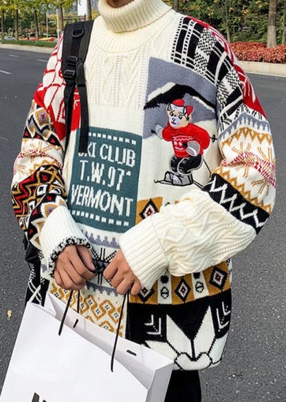 Stylish Beige Turtleneck Patchwork Warm Fleece Sweaters Winte