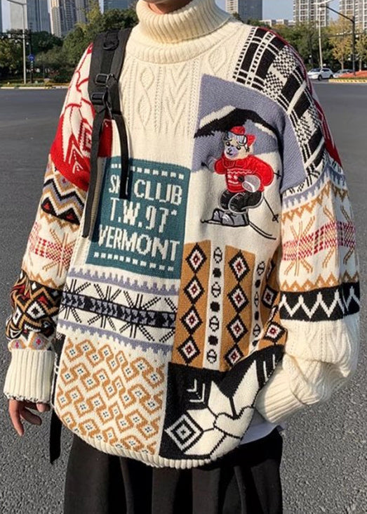 Stylish Beige Turtleneck Patchwork Warm Fleece Sweaters Winte