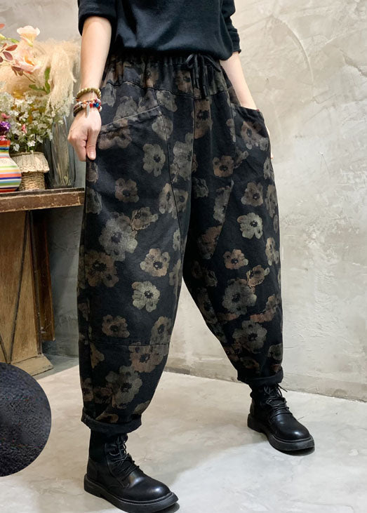 Stylish Black Cinched Pockets Denim Pants Winter