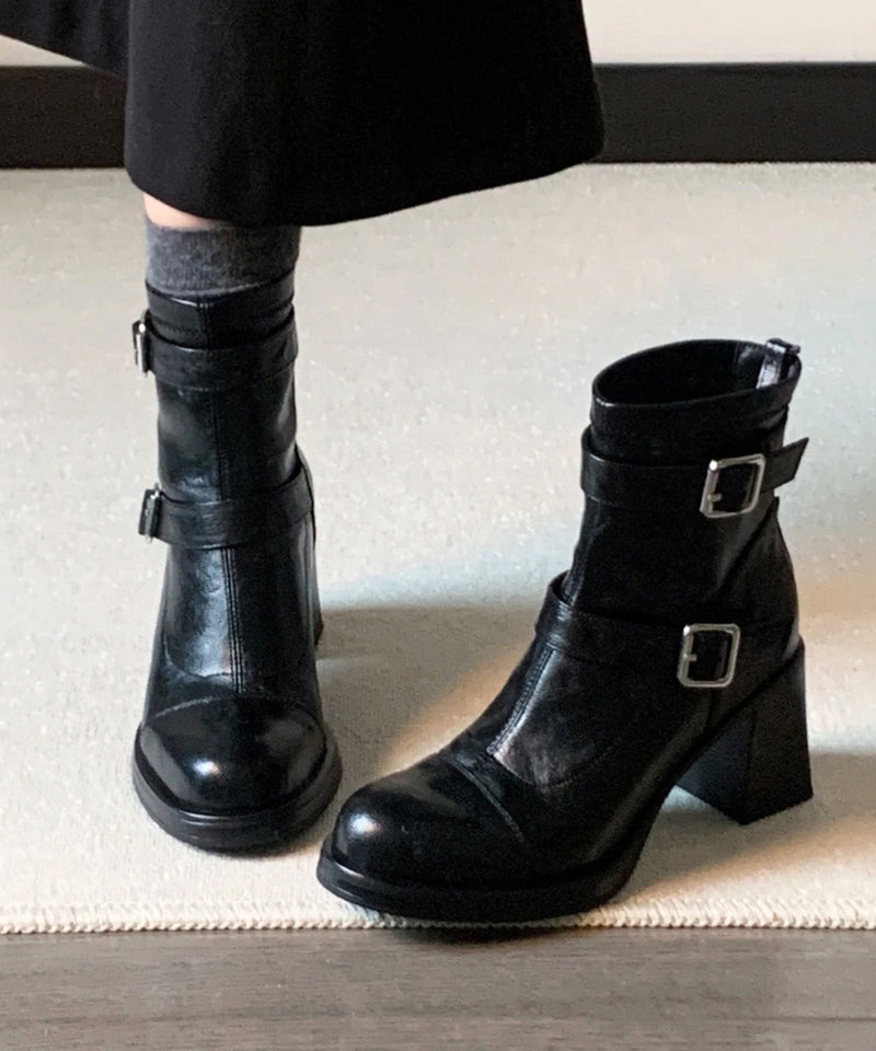 Stylish Black Cowhide Leather Splicing Chunky Heel Boots