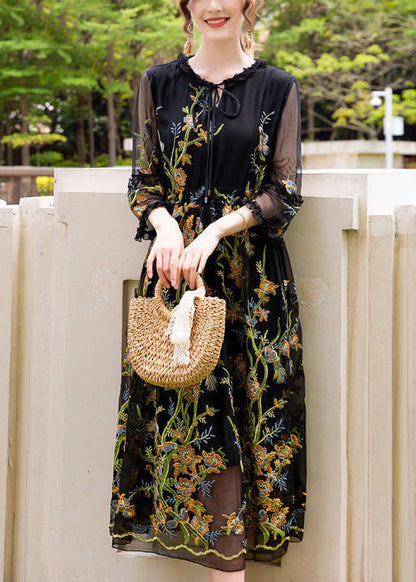 Stylish Black Print Hollow Out Silk Maxi Dresses Summer