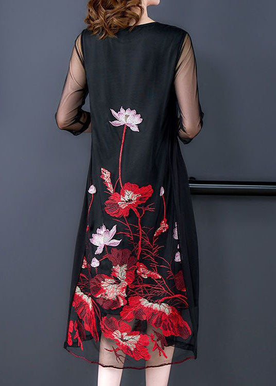 Stylish Black O-neck Embroideried Tulle a Line Dress Bracelet Sleeve